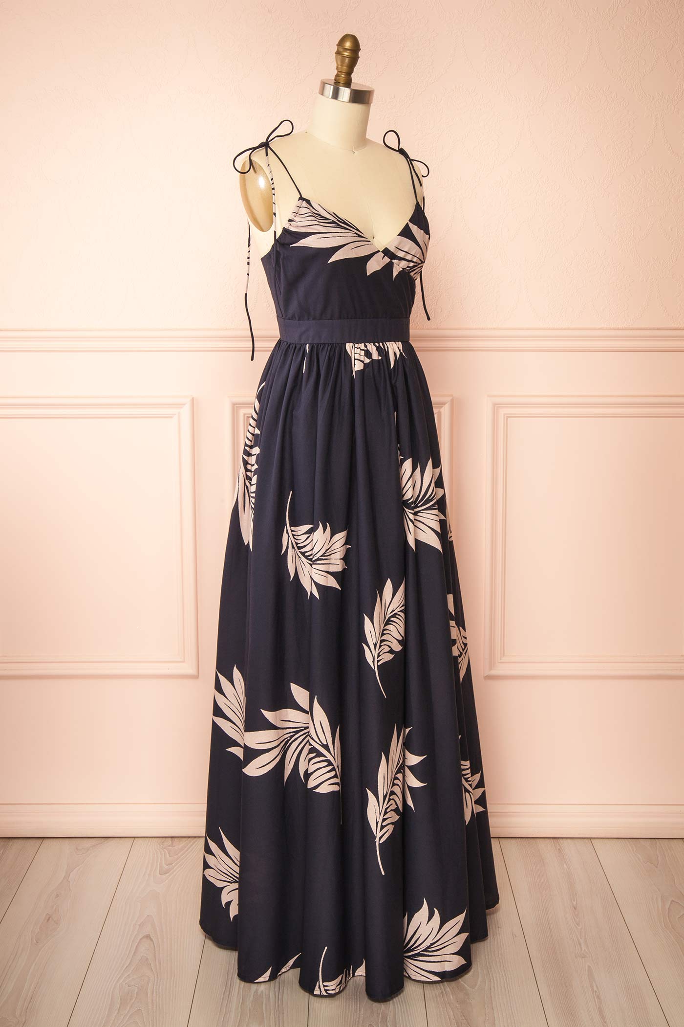Sideview Selwyn Navy Maxi Dress with Self-Tie Straps at la boutique 1861
