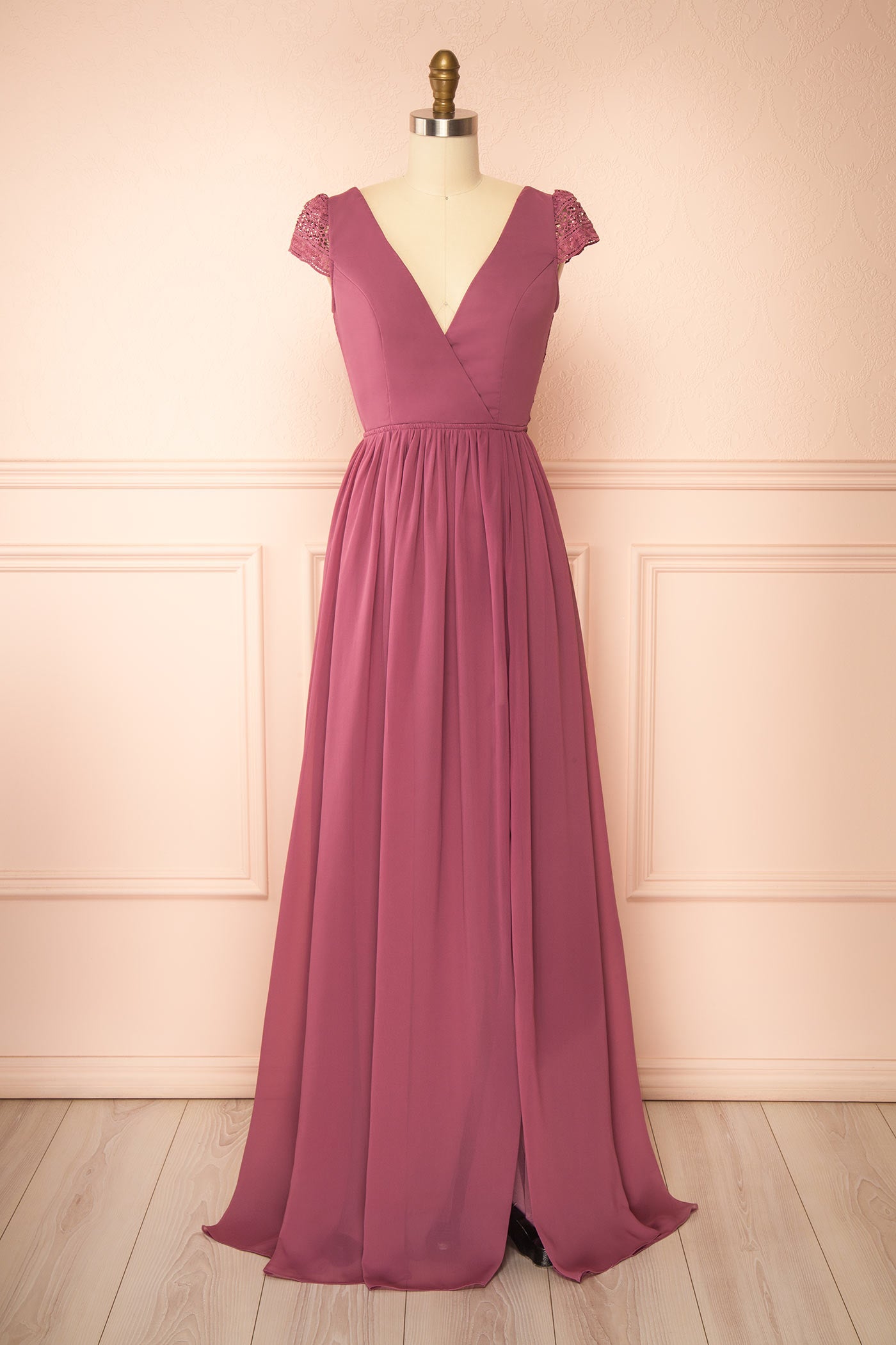Senji Mauve Chiffon & Lace Wrap-Style Gown | Boudoir 1861 front