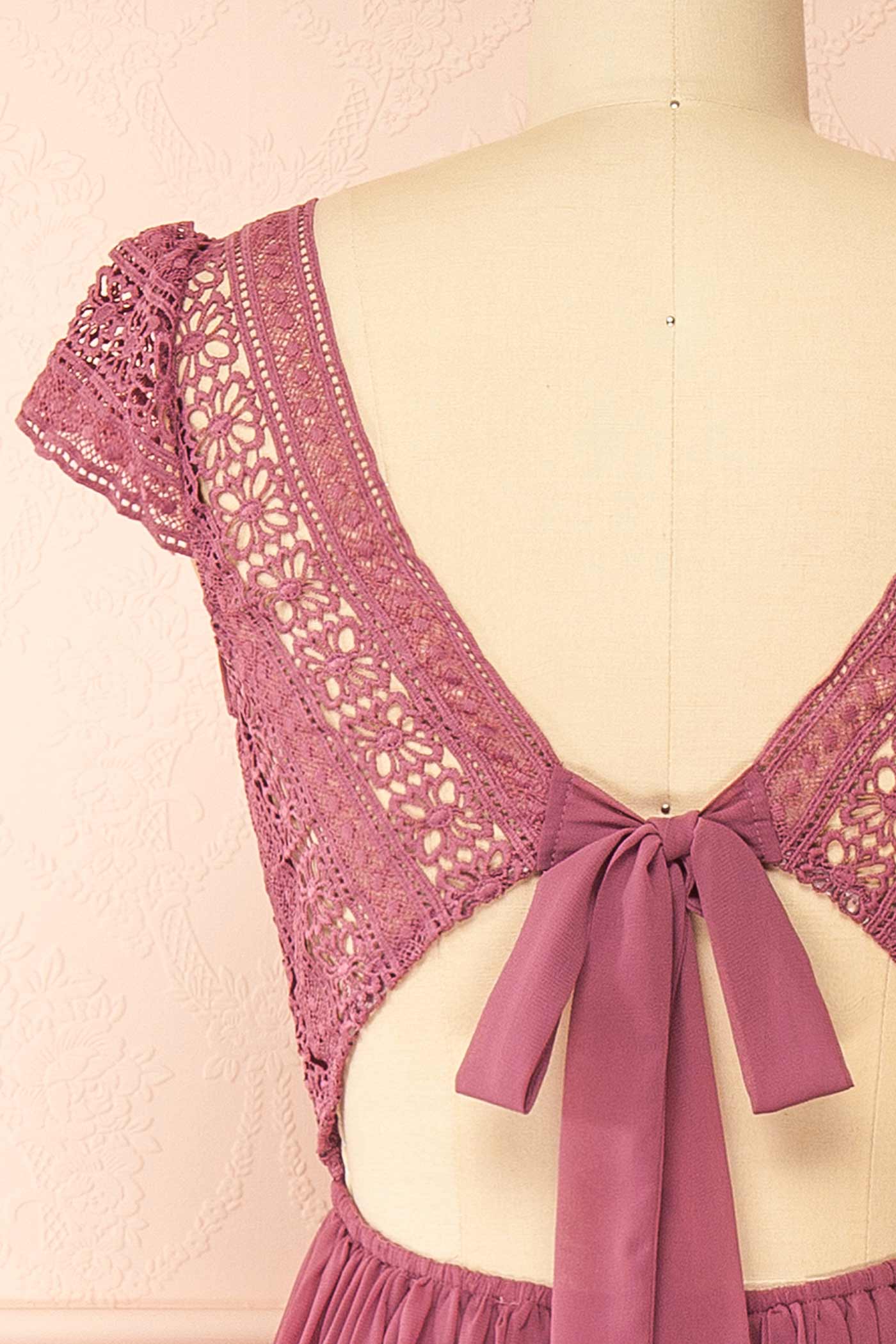 Senji Mauve Chiffon & Lace Wrap-Style Gown | Boudoir 1861 details