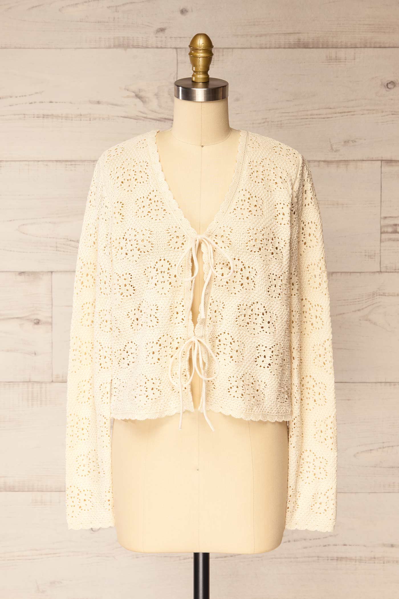 Seoni | Cream Openwork Knit Tie-Front Cardigan