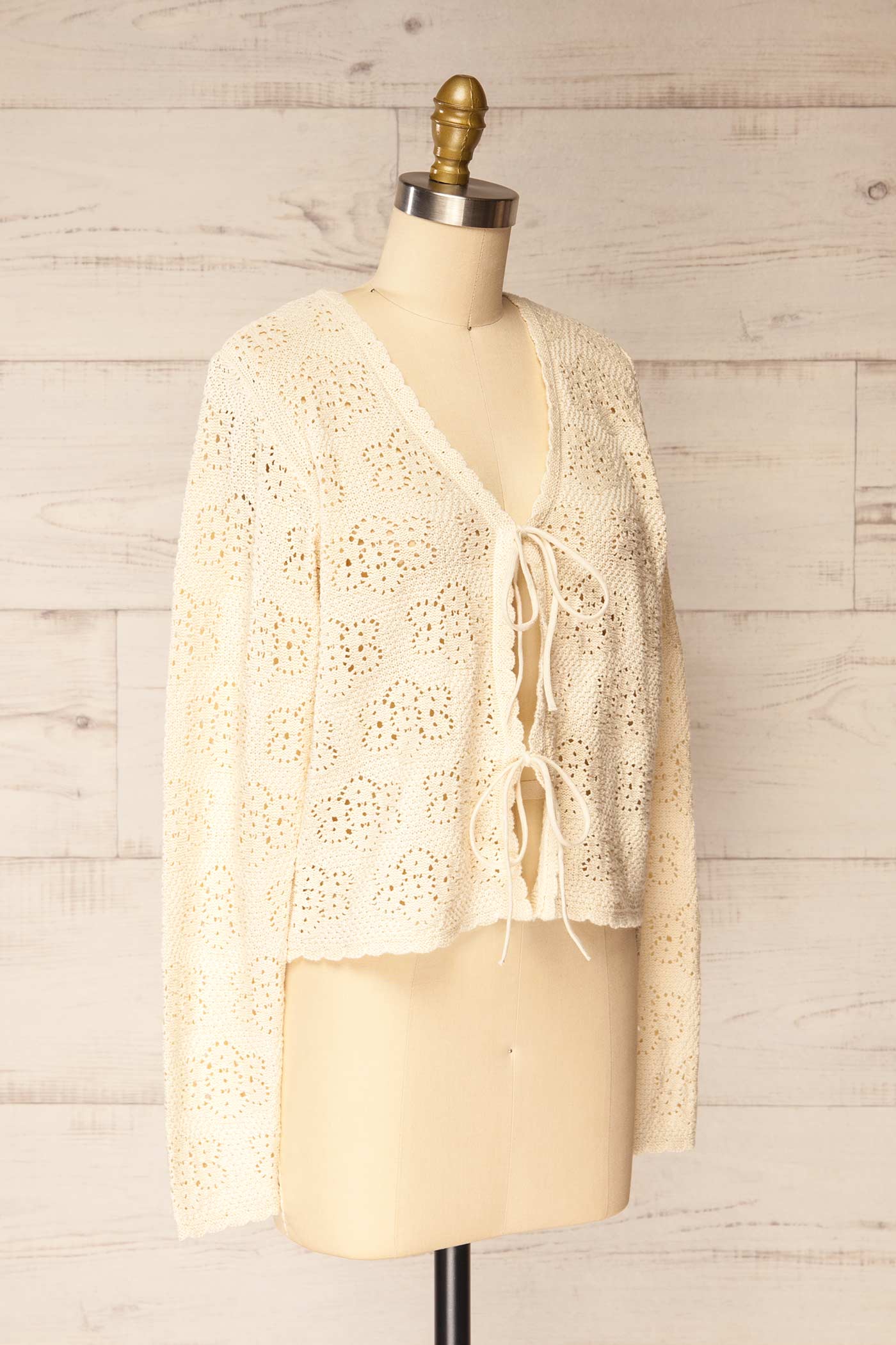 Seoni | Cream Openwork Knit Tie-Front Cardigan