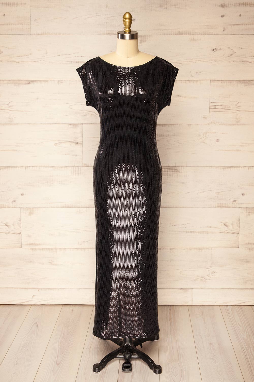 Seralie Black Sequin Maxi Dress w/ Slit | La petite garçonne front view