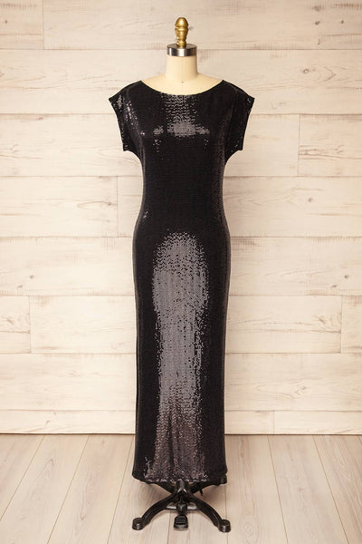 Seralie Black Sequin Maxi Dress w/ Slit | La petite garçonne front view