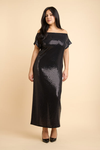 Seralie Black Sequin Maxi Dress w/ Slit | La petite garçonne  front on model