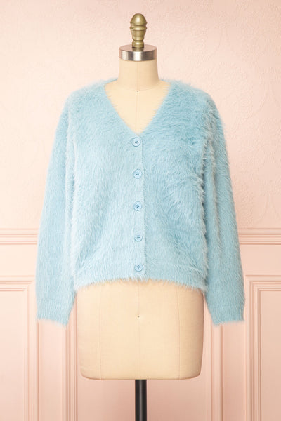 Serianna Fuzzy Button-Up Blue Cardigan | Boutique 1861 front view