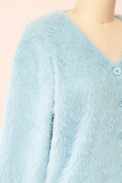 Serianna Fuzzy Button-Up Blue Cardigan | Boutique 1861 side close-up