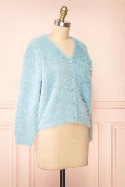 Serianna Fuzzy Button-Up Blue Cardigan | Boutique 1861 side view