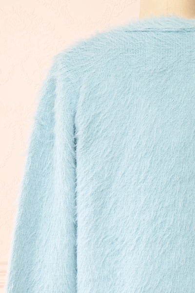 Serianna Fuzzy Button-Up Blue Cardigan | Boutique 1861 back close-up