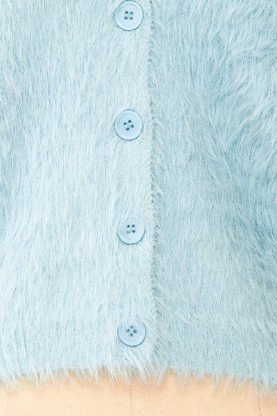 Serianna Fuzzy Button-Up Blue Cardigan | Boutique 1861 fabric