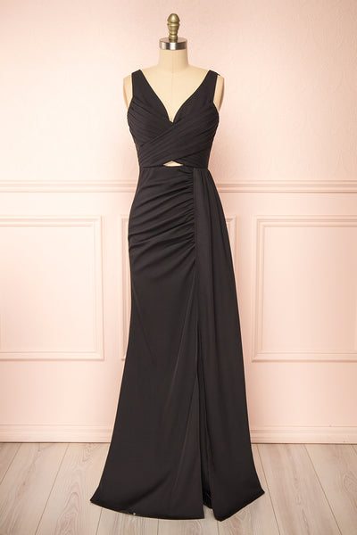 Serilda Maxi Black Dress w/ Slit | Boutique 1861 front view