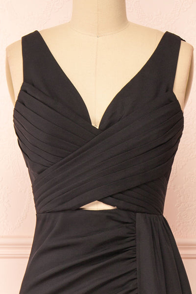 Serilda Maxi Black Dress w/ Slit | Boutique 1861 front close-up