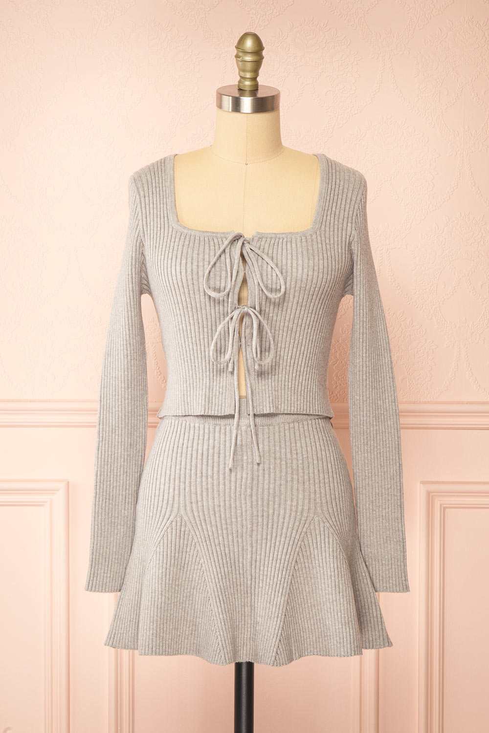 Set Duna Grey Ribbed Knit Top & Skirt | Boutique 1861 full view