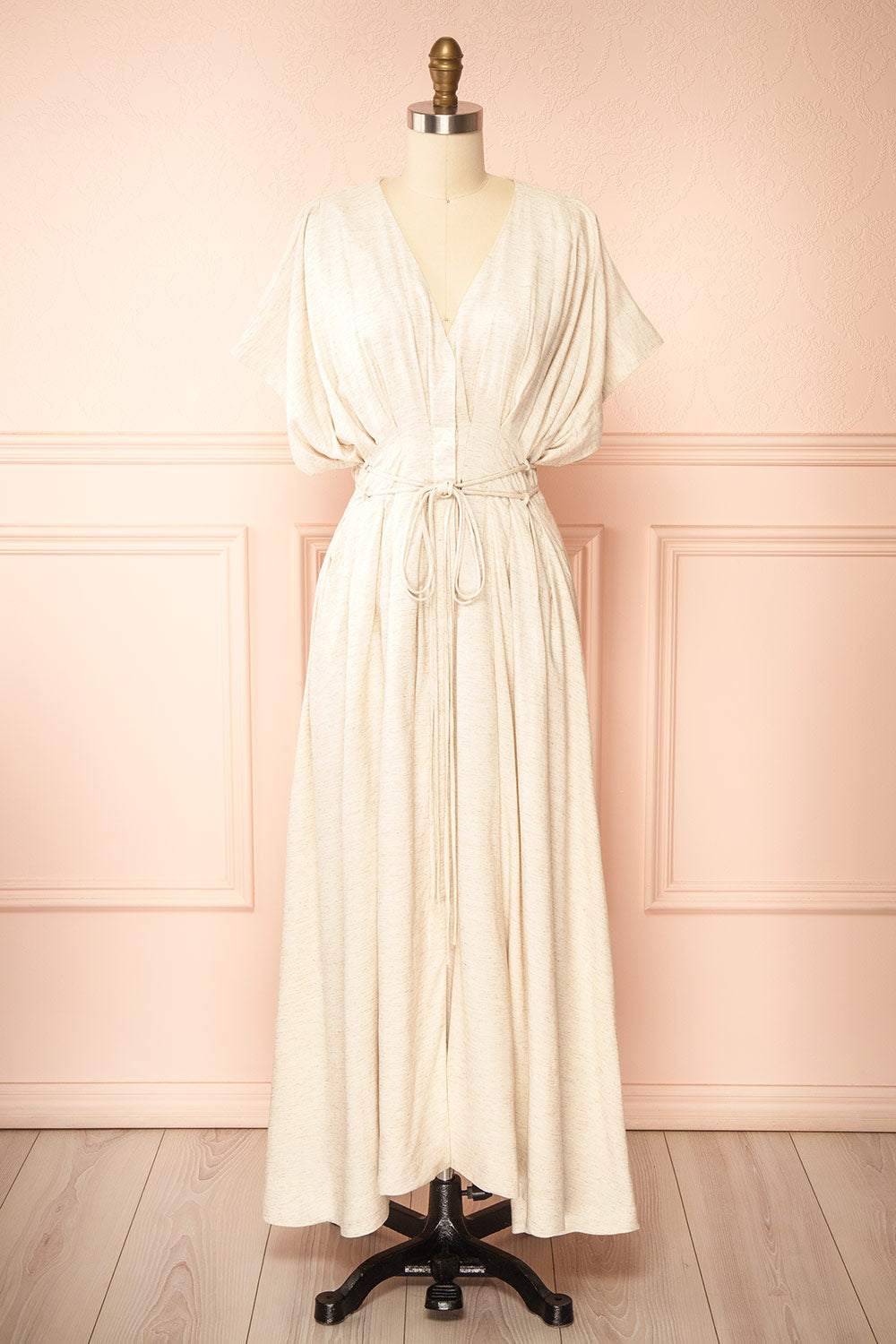 Shadida Beige Short-Sleeved Maxi Dress with Pockets | Boutique 1861 front view