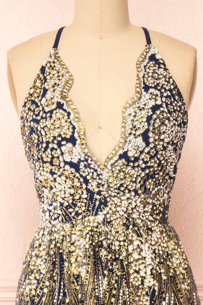 Sharidan Navy Glitter Mesh Maxi Dress | Boutique 1861 front close-up
