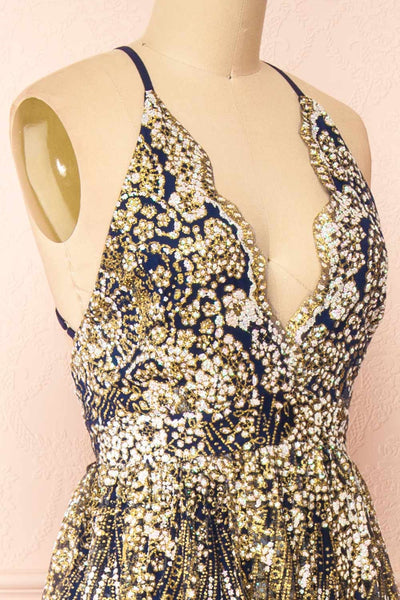 Sharidan Navy Glitter Mesh Maxi Dress | Boutique 1861 side close-up