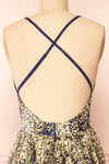 Sharidan Navy Glitter Mesh Maxi Dress | Boutique 1861 back close-up