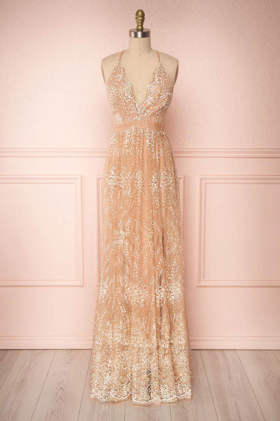 Sharidan Rosegold Glitter Mesh Maxi Dress | Boutique 1861 front view