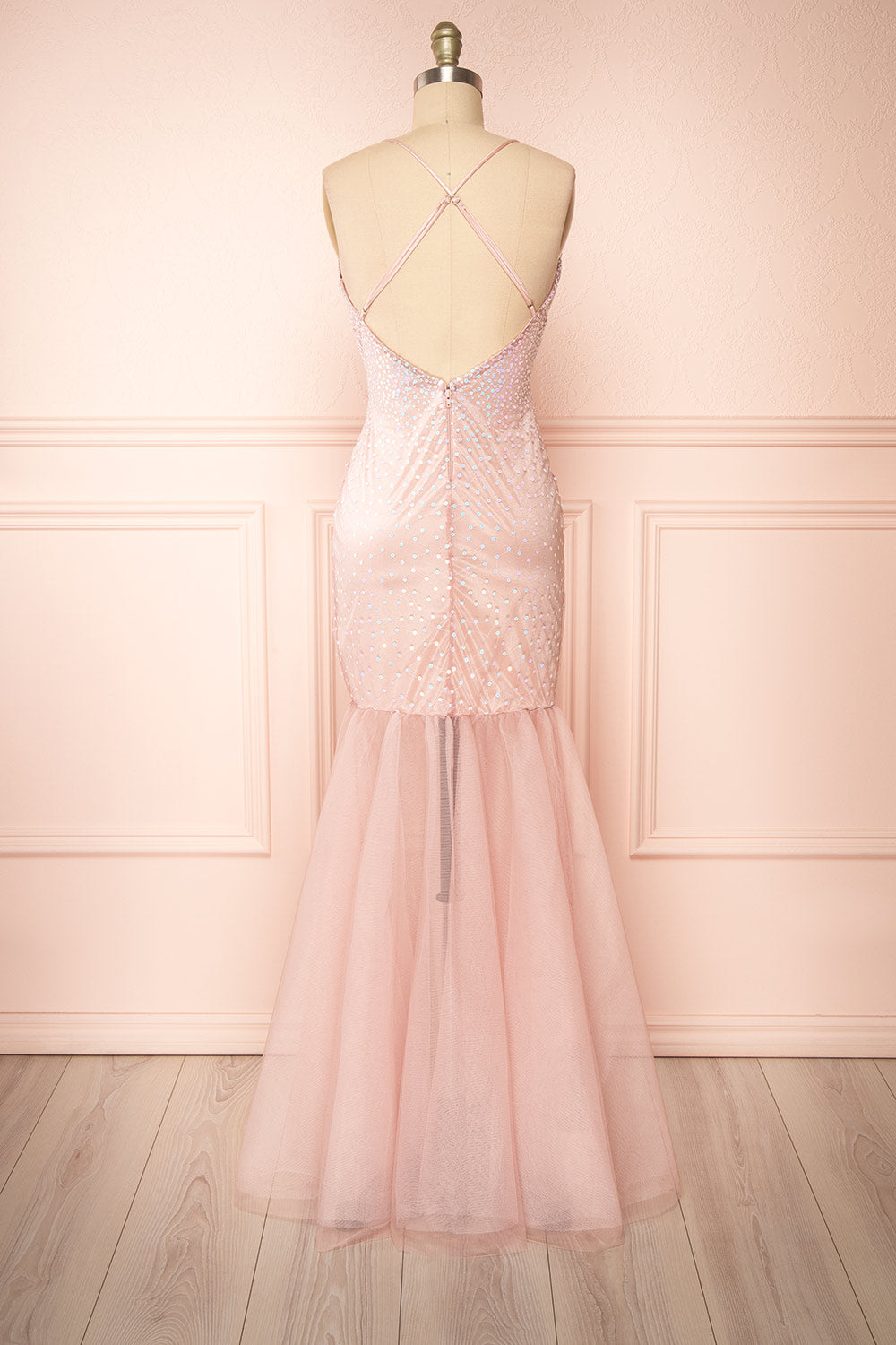 Shatta Pink Maxi Dress w/ Sequins and Tulle | Boutique 1861 back view