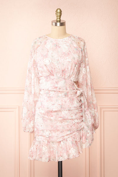 Shaune Short Pink Floral Dress w/ Long Sleeves