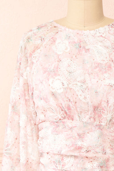 Shaune Short Pink Floral Dress w/ Long Sleeves | Boutique 1861 front close-up