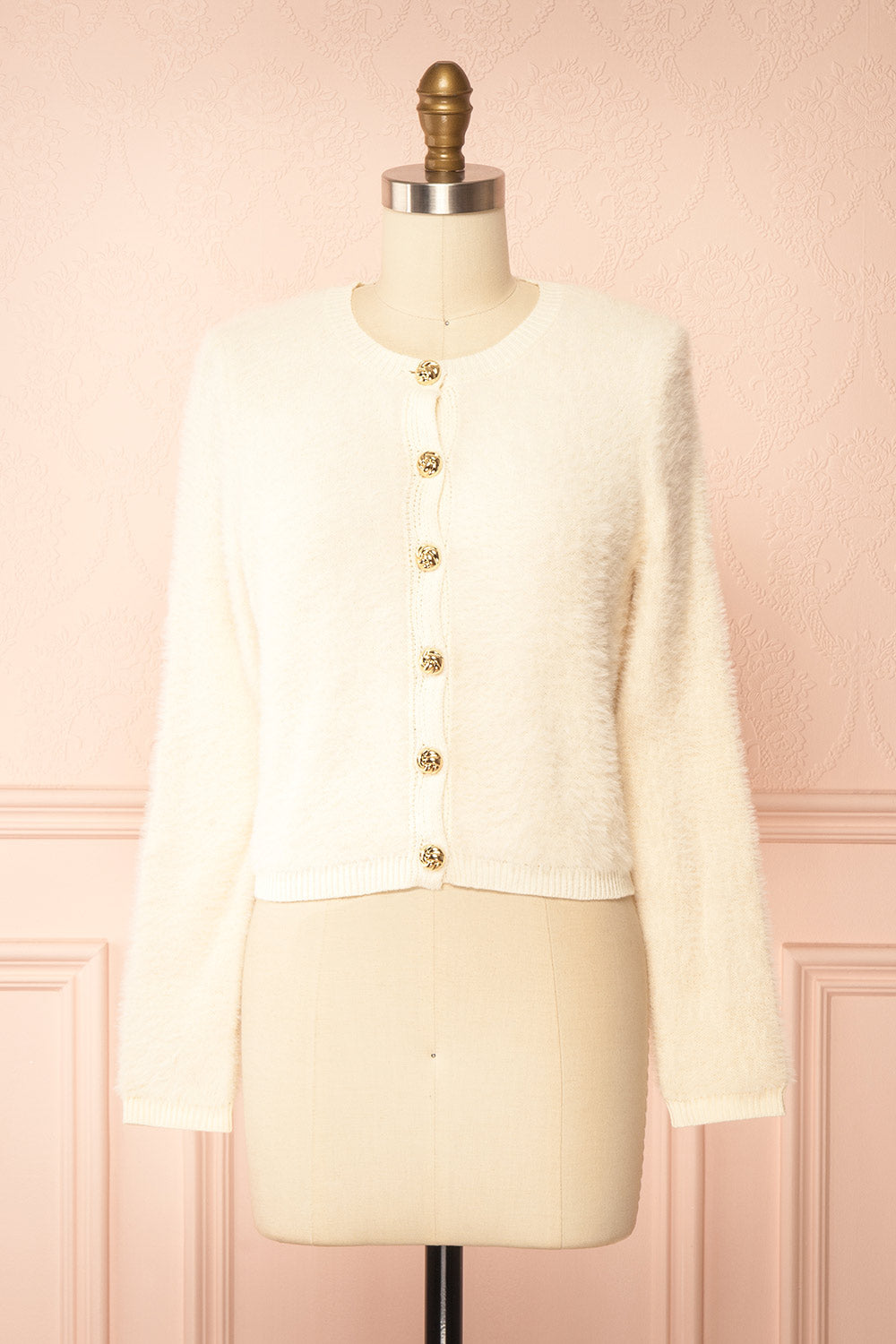 Shawna Ivory Fuzzy Knit Cardigan with Gold Buttons | Boutique 1861 front view
