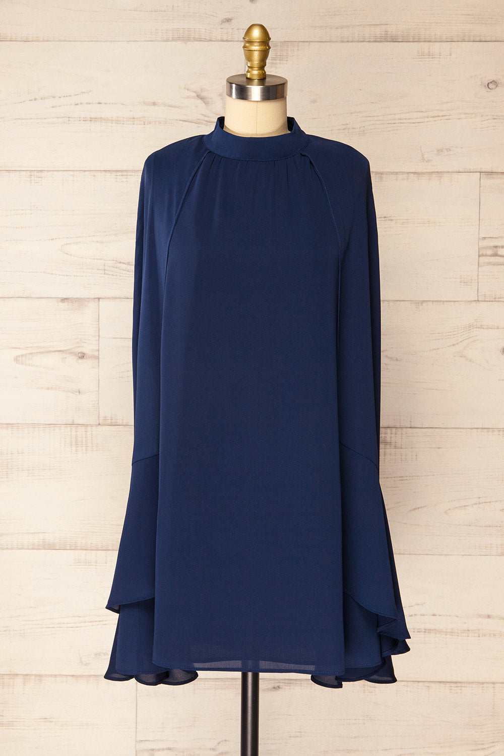 Shelby Short Navy Chiffon Dress w/ Cape | La petite garçonne front view