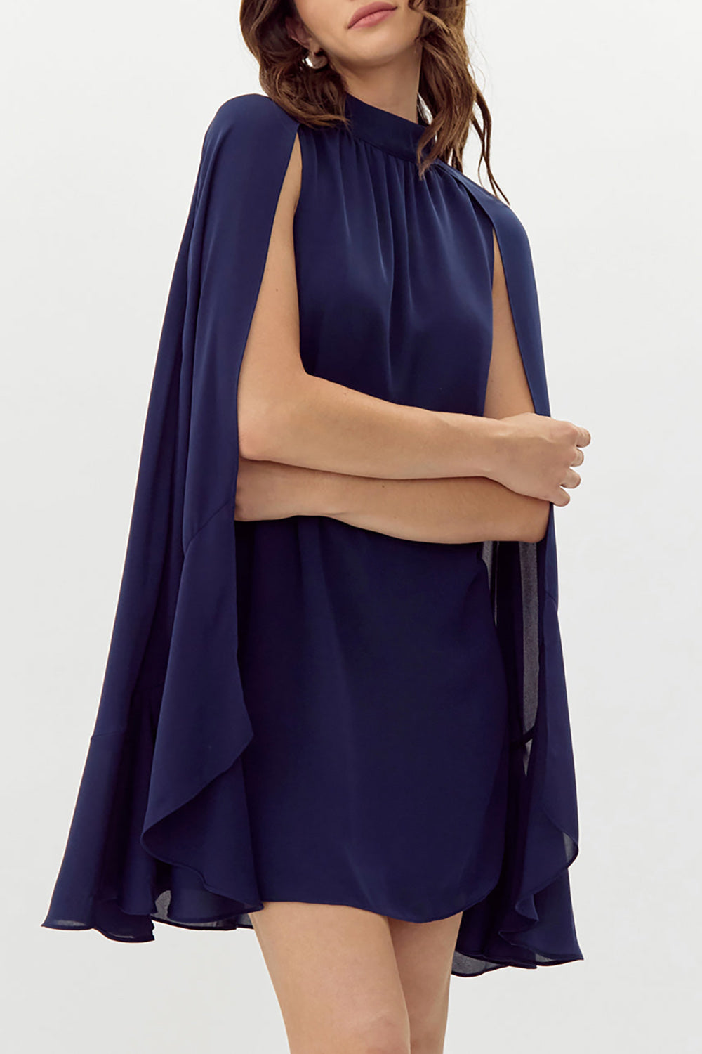 Shelby Short Navy Chiffon Dress w/ Cape | La petite garçonne on model