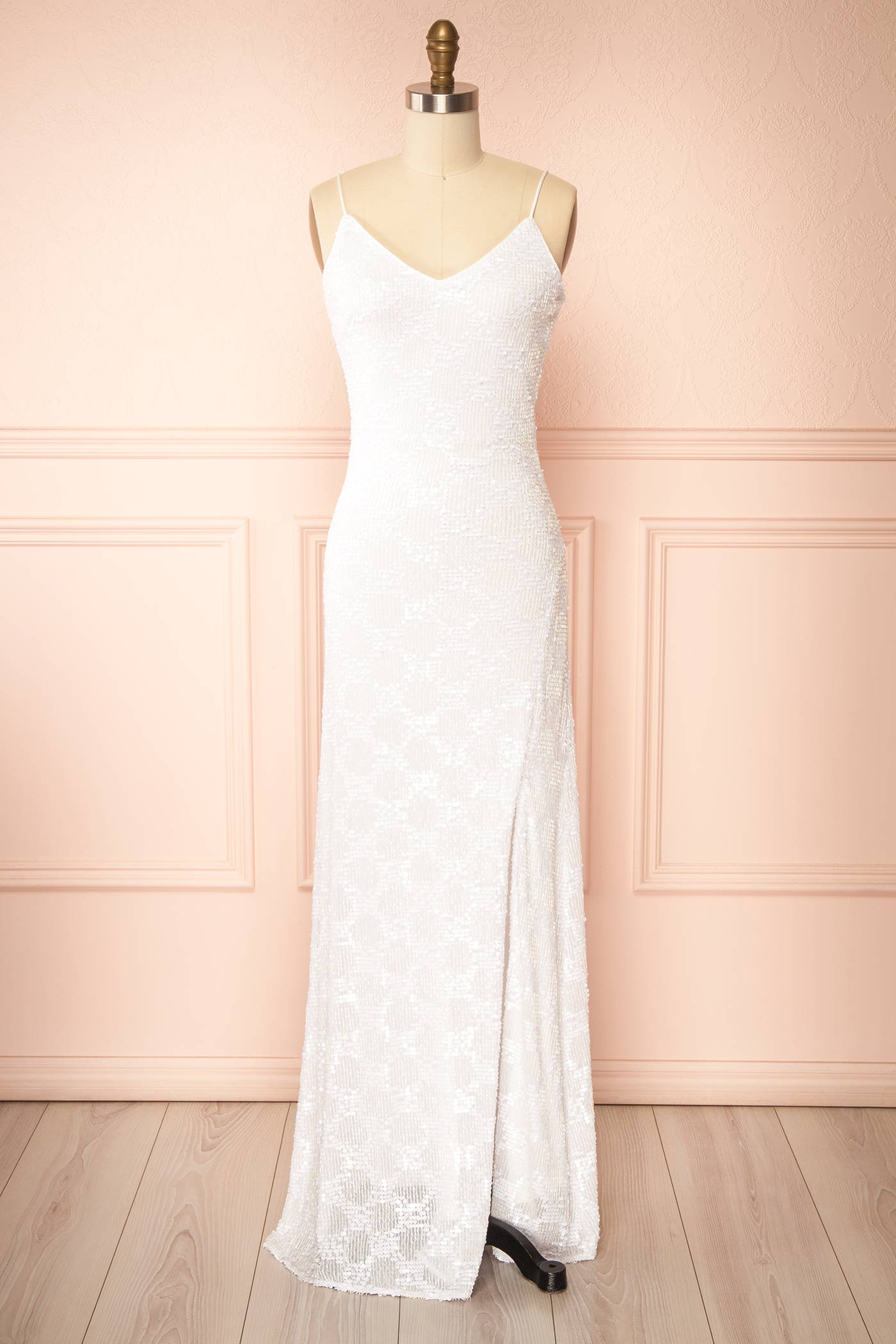 Shelia White Maxi Sequin Dress with Slit | Boudoir 1861 front 