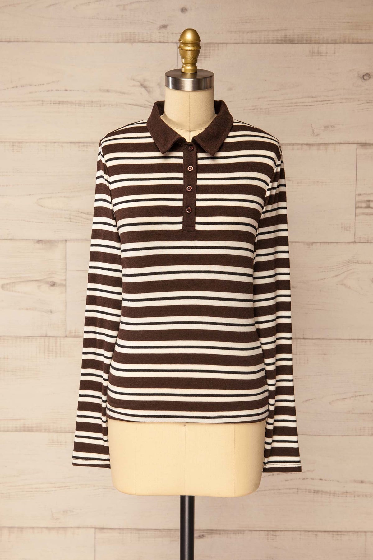 front view of Shepparton Brown Striped Long Sleeve Top at La petite garçonne