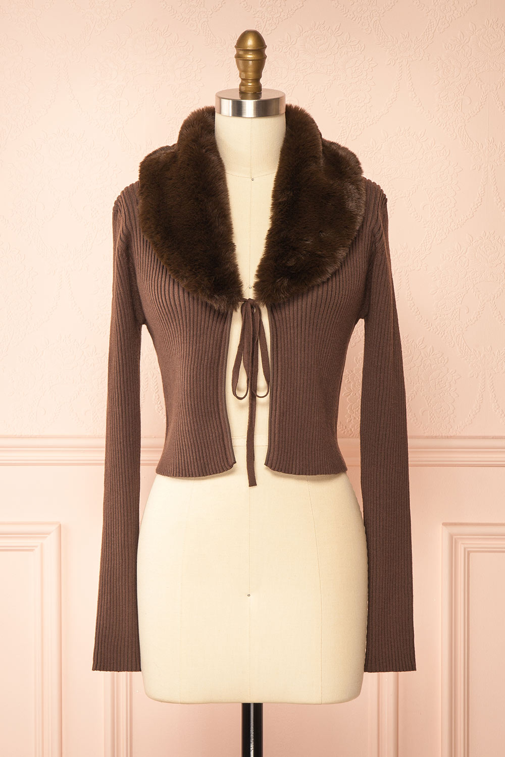 Sherie Brown Ribbed Cardigan with Faux Fur Collar | Boutique 1861 front view