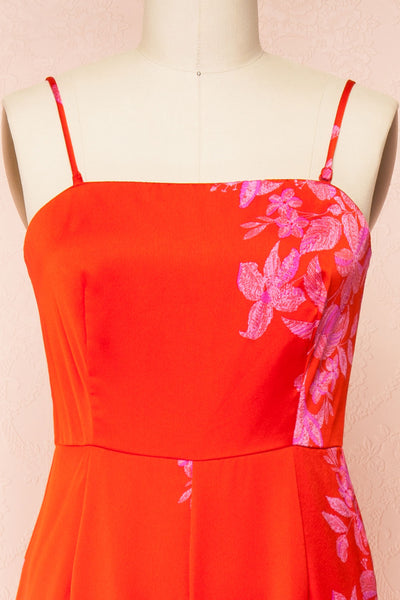 Sherry Red Floral Satin Jumpsuit w/ Slits | Boutique 1861 front straps