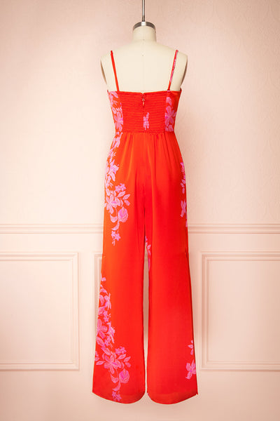 Sherry Red Floral Satin Jumpsuit w/ Slits | Boutique 1861 back view