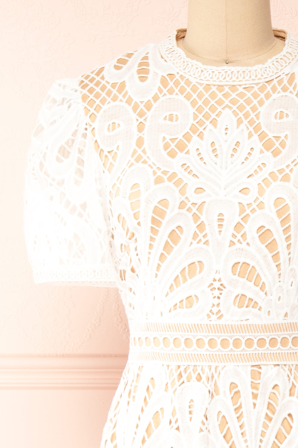 Shevona White Crocheted Lace Midi Dress | Boutique 1861 front close-up