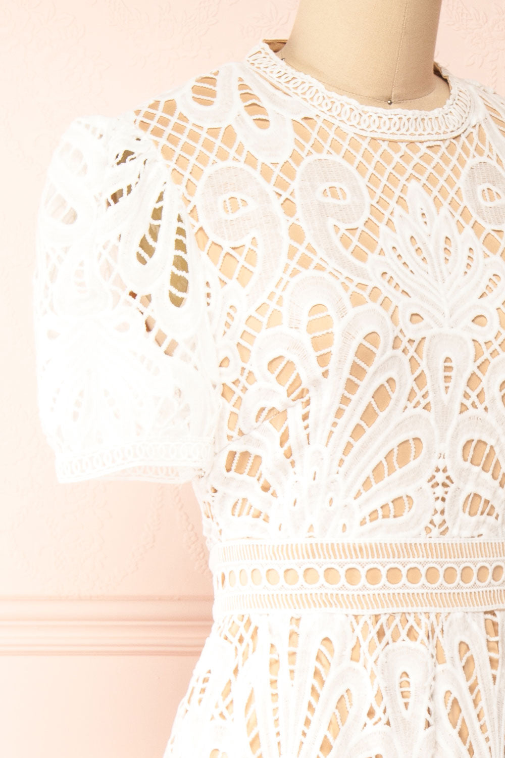 Shevona White Crocheted Lace Midi Dress | Boutique 1861 side close-up