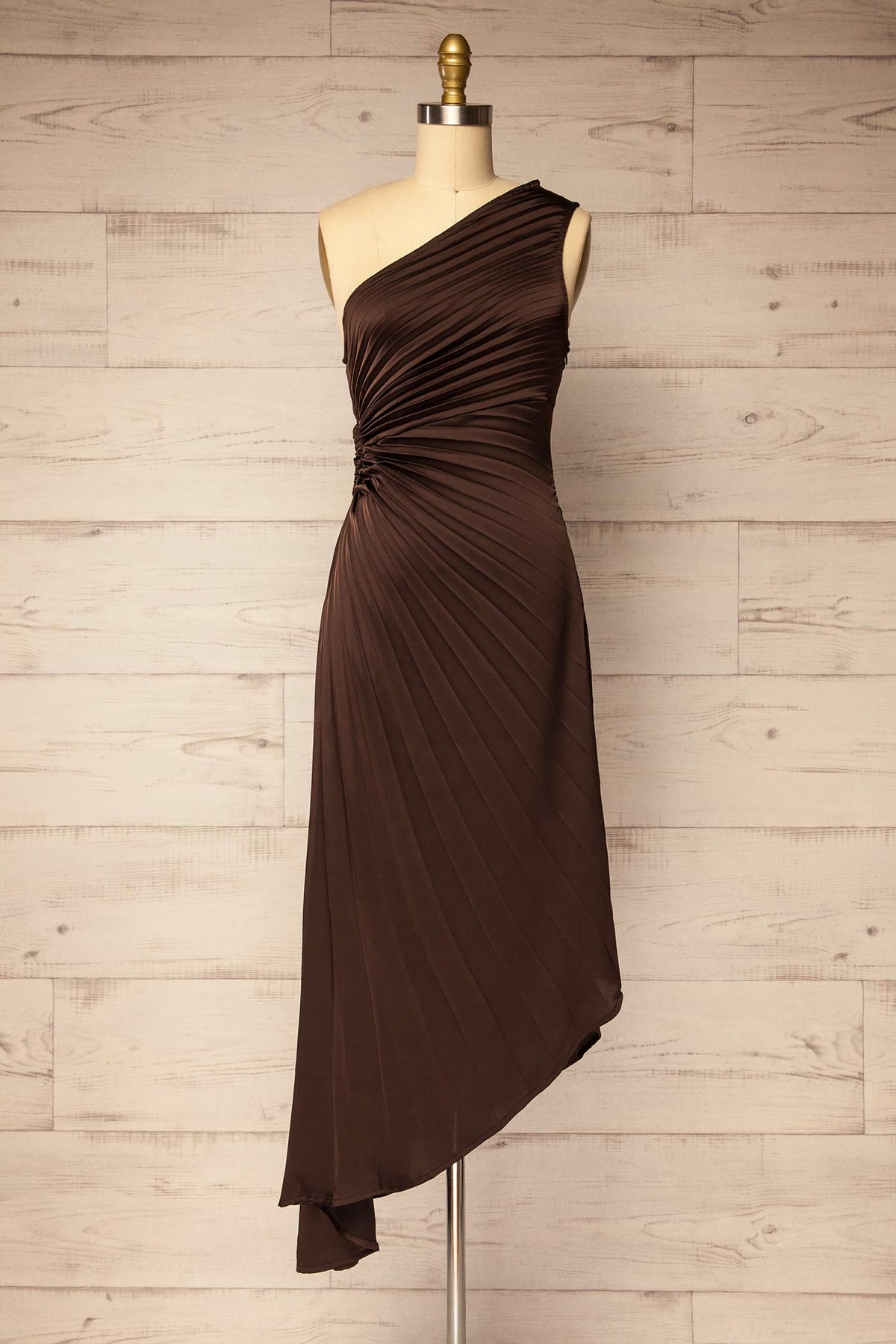 front view of Shibuya Brown Pleated Satin Asymmetrical Dress at La petite garçonne