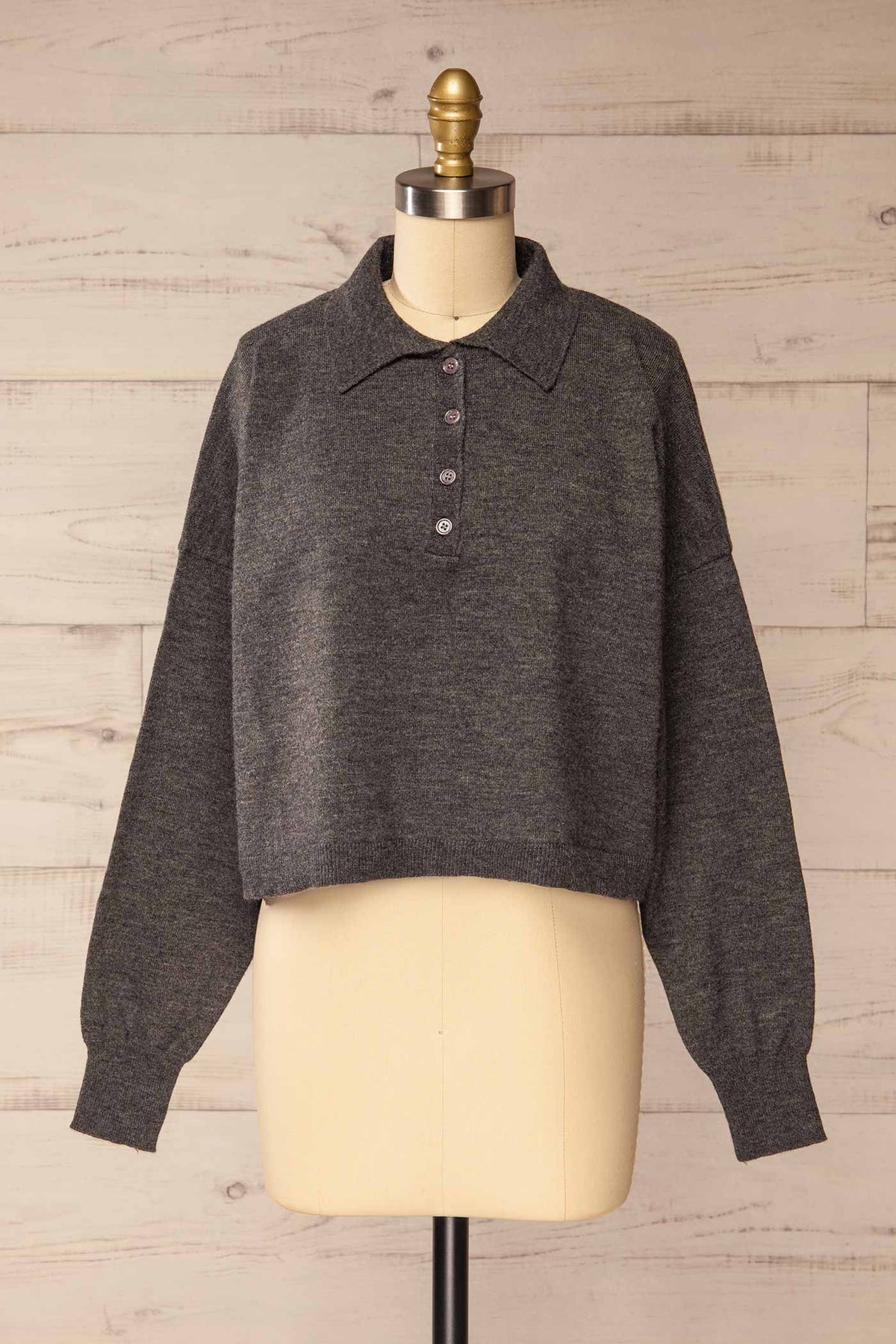 front view of Shigawake Grey Cropped Polo Sweater at La petite garçonne
