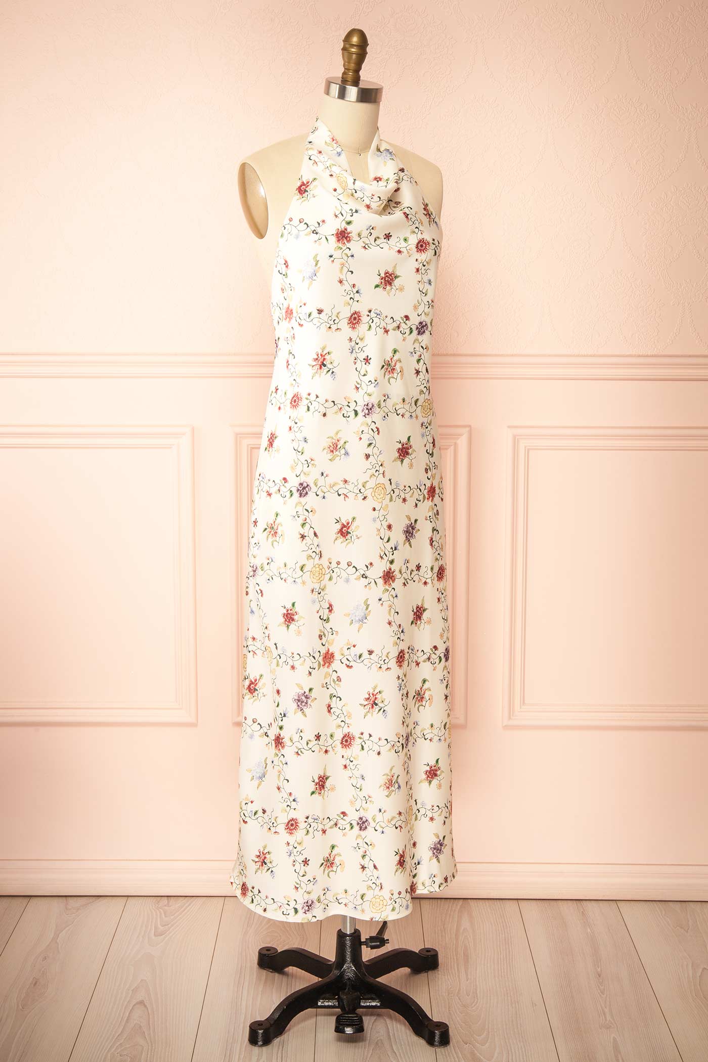 Shima Ivory Midi Floral Dress with Halter Neck | Boutique 1861 side