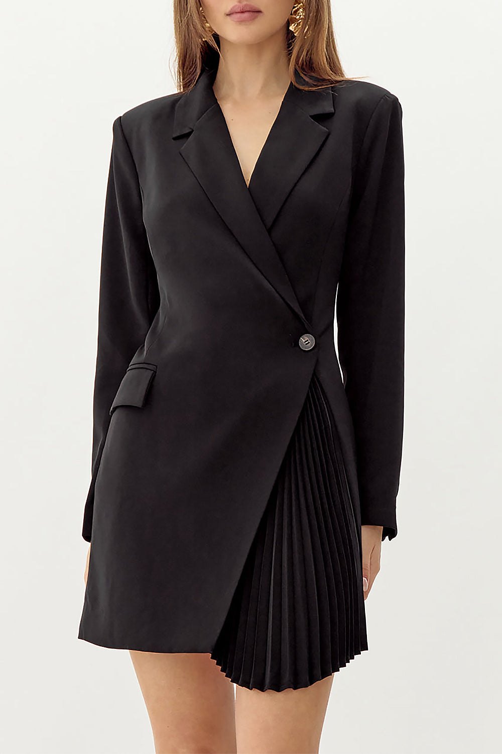 Siazan Black Asymmetrical Blazer Dress w/ Pleats | La petite garçonne on model