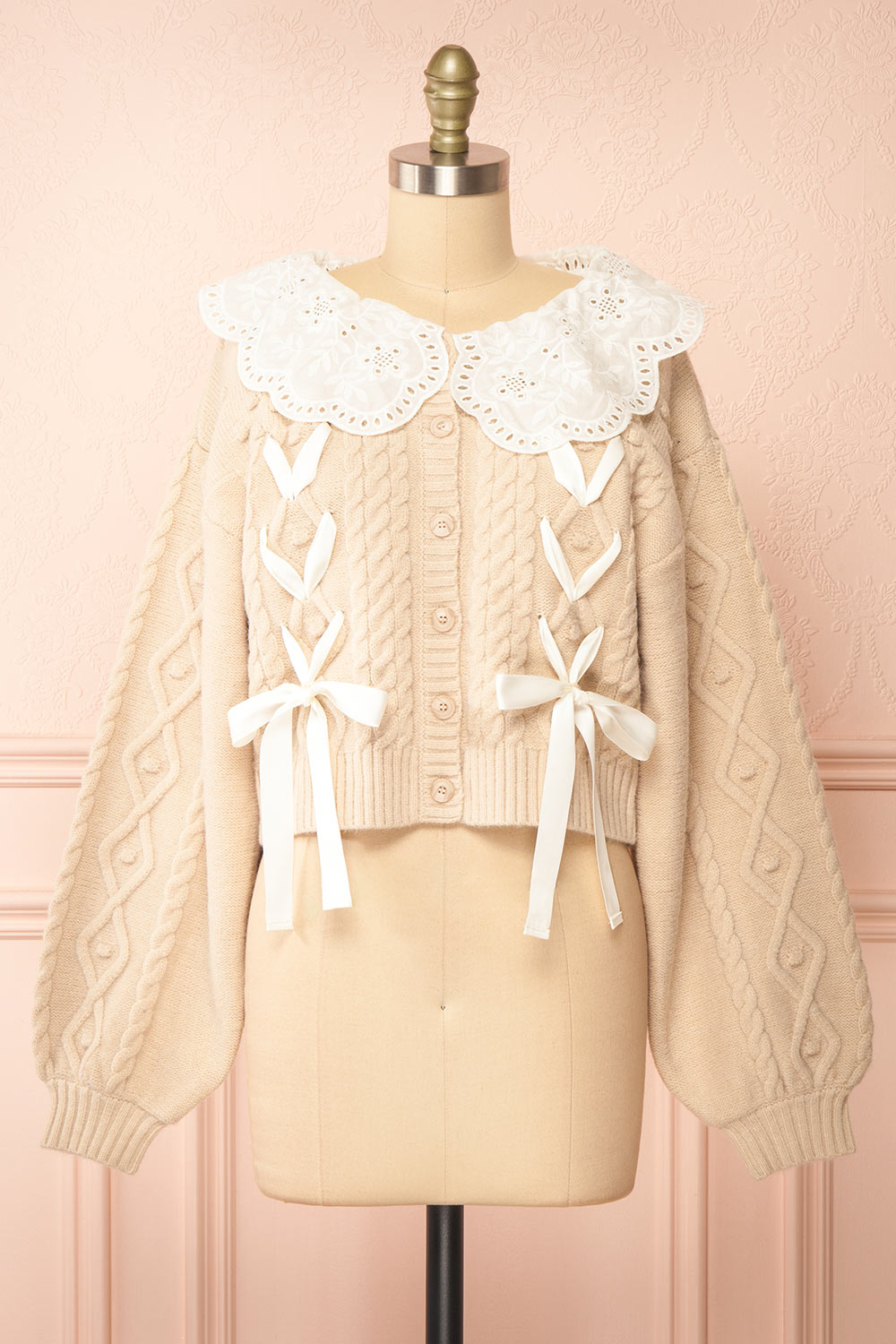 Sibylla Beige Knit Cardigan w/ Ribbons | Boutique 1861 front collar