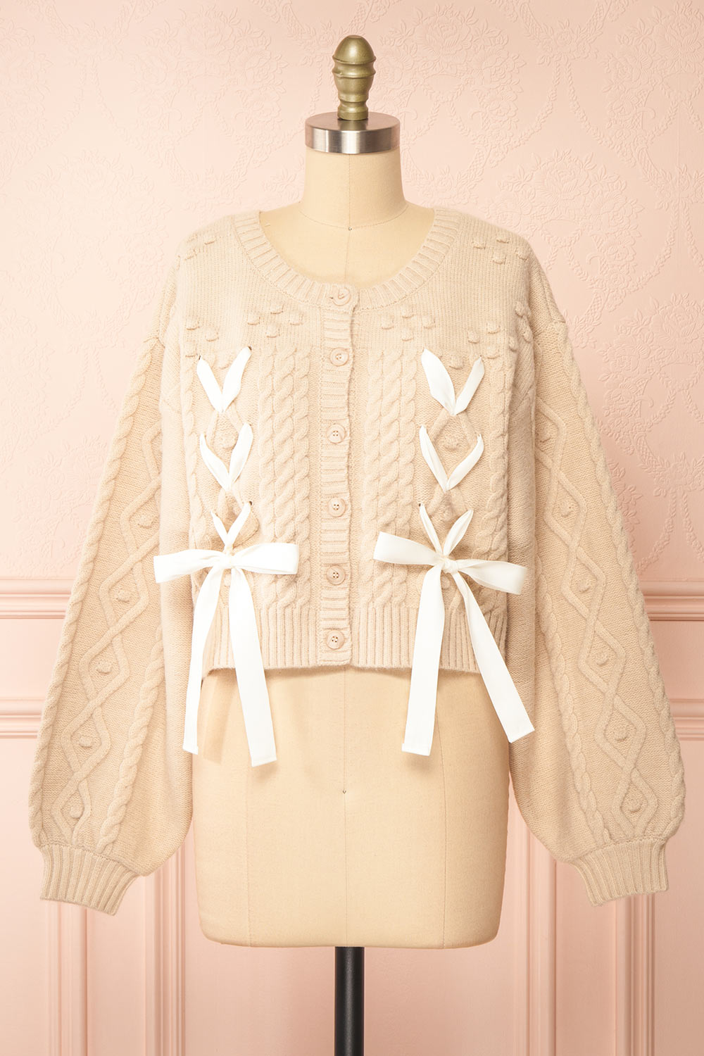 Sibylla Beige Knit Cardigan w/ Ribbons | Boutique 1861 front view