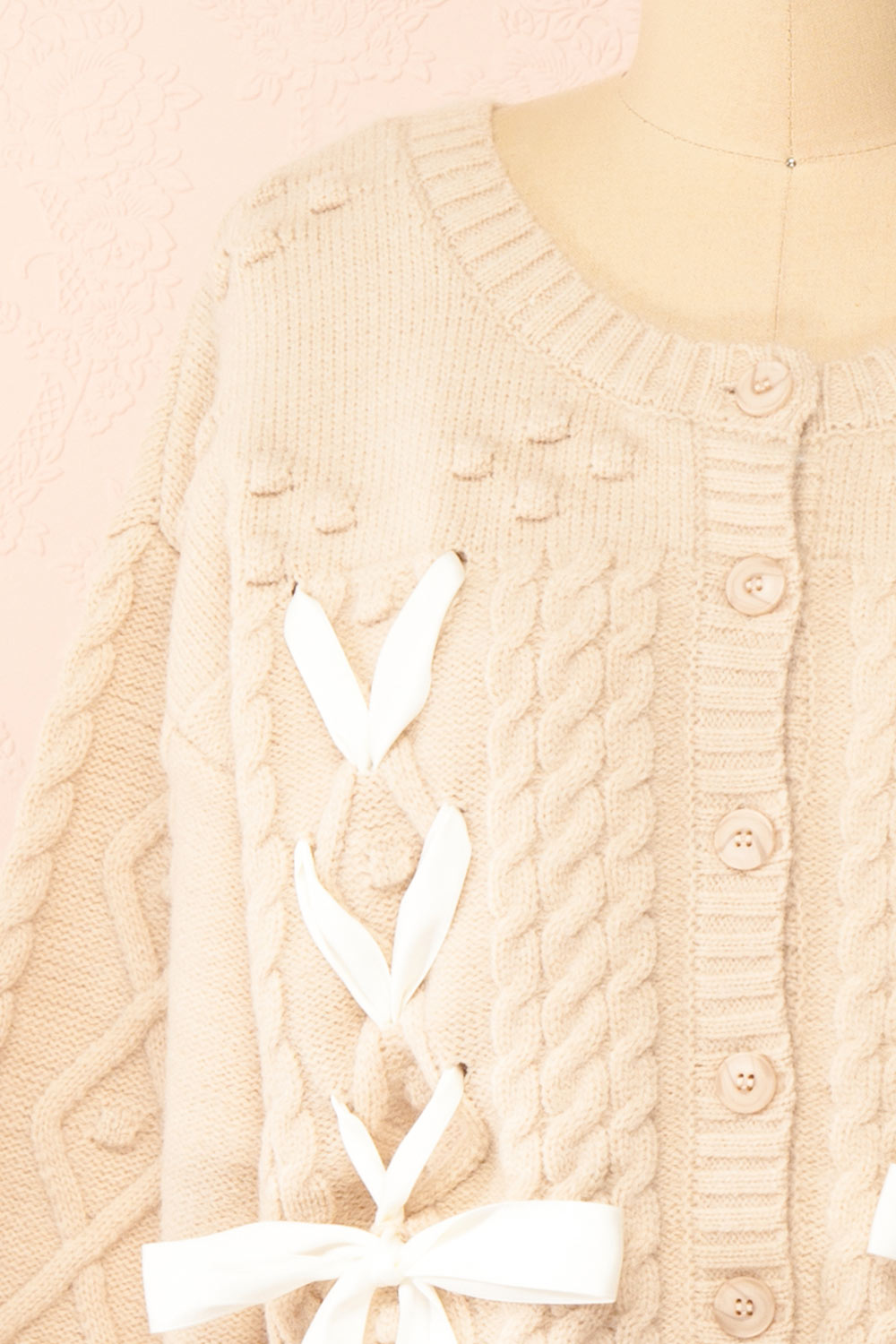 Sibylla Beige Knit Cardigan w/ Ribbons | Boutique 1861 front