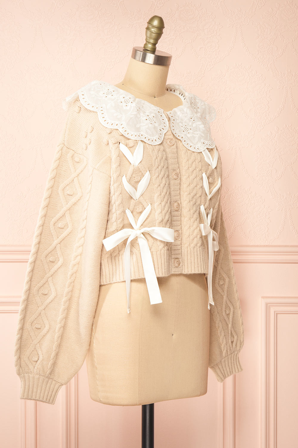 Sibylla Beige Knit Cardigan w/ Ribbons | Boutique 1861 side view