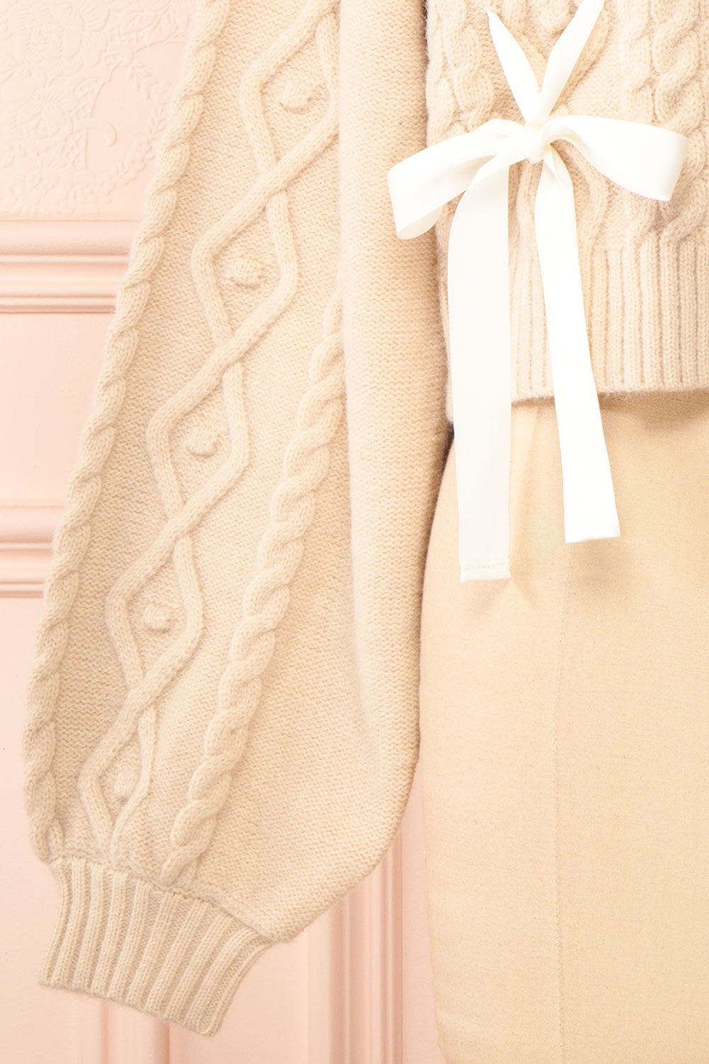 Sibylla Beige Knit Cardigan w/ Ribbons | Boutique 1861 sleeve