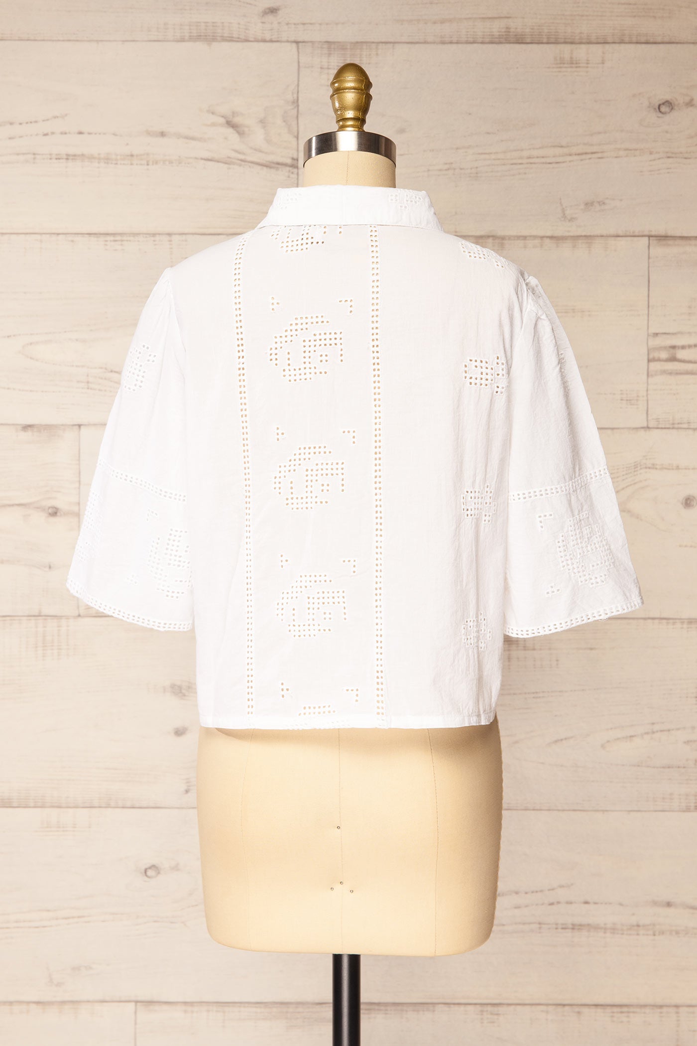 Backview Sihori White Cropped Shirt with Openwork Embroidery at la petite garçonne