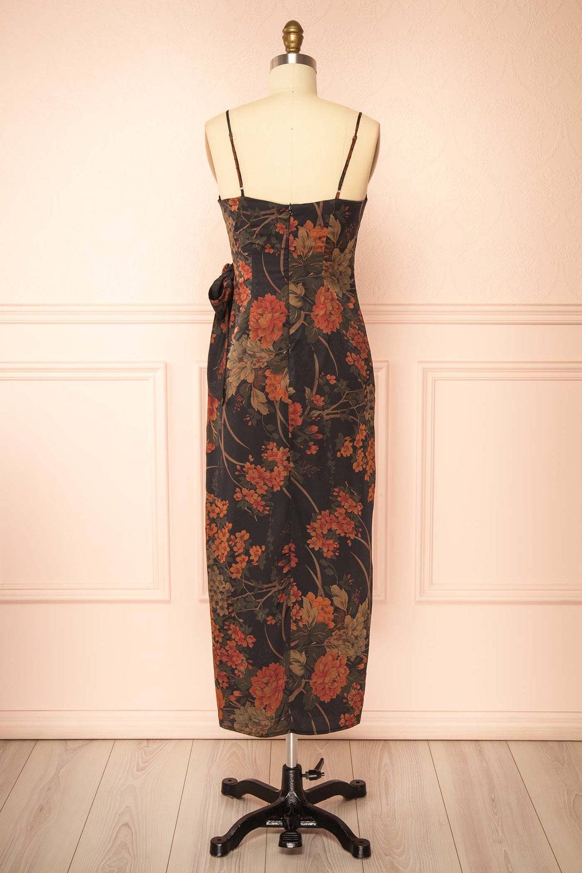 back view of Sildorine Black Floral Wrap Midi Dress with Adjustable Straps at La petite garçonne