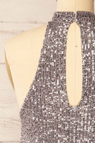 Singapour Silver Short Sequin Dress w/ High Neck | La petite garçonne  back close-up