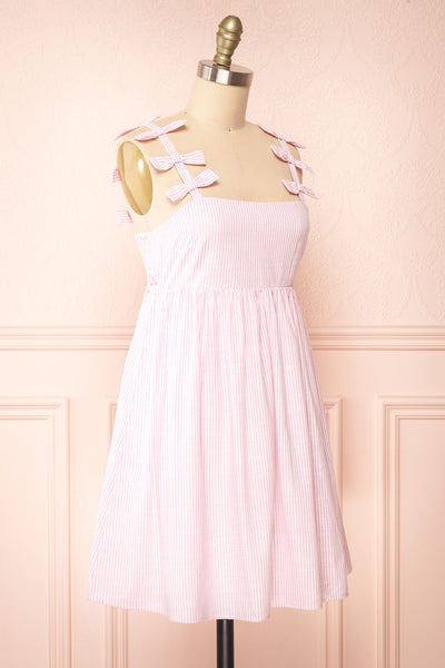 Siva White and Pink Striped Short Dress w/ Bow Straps | Boutique 1861 side view