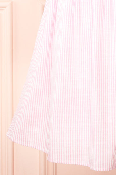 Siva White and Pink Striped Short Dress w/ Bow Straps | Boutique 1861 bottom close-up