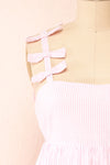 Siva White and Pink Striped Short Dress w/ Bow Straps | Boutique 1861 front close-up