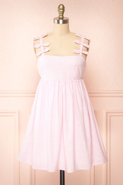 Siva White and Pink Striped Short Dress w/ Bow Straps | Boutique 1861 front view